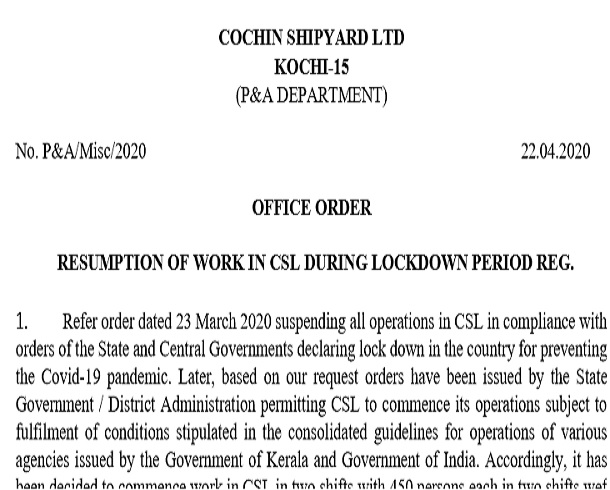 Resumption of Work in CSL During Lock down Period Reg.