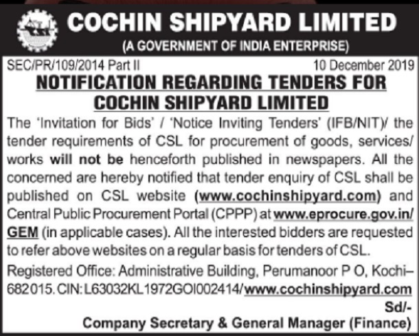 NOTIFICATION REGARDING TENDERS FOR COCHIN SHIPYARD LIMITED